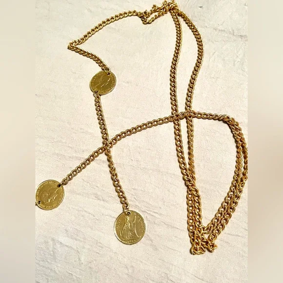 Faux coin gold tone belts Vintage Gold Tone Metal Links Chain Belt With Faux Coin 38  main image 4